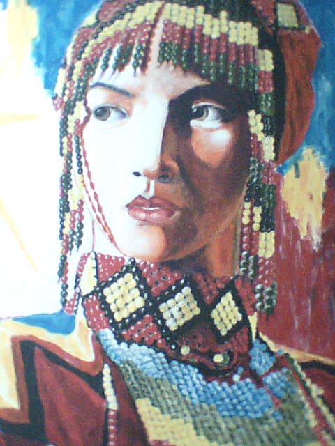 a painting of a person wearing beads and an indian headdress