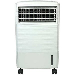 an air cooler with wheels on white background