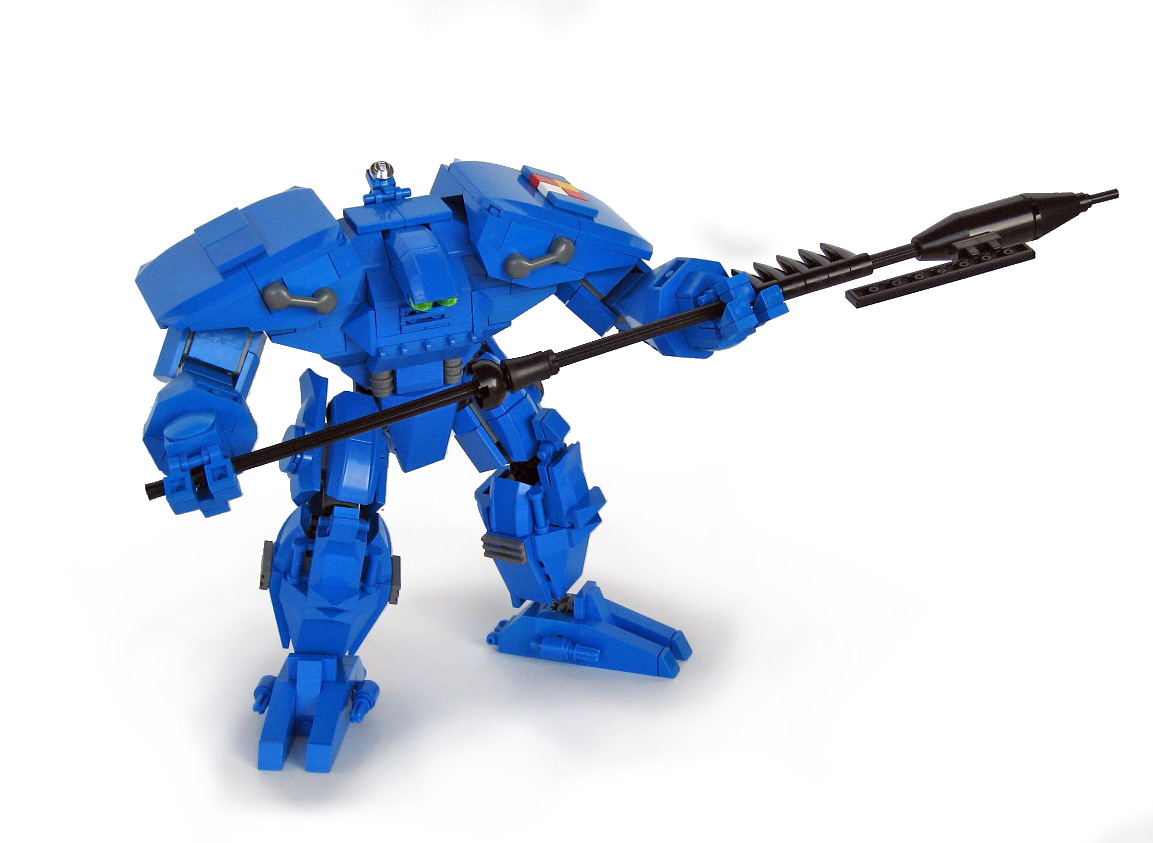 a toy that looks like a blue robot with a stick