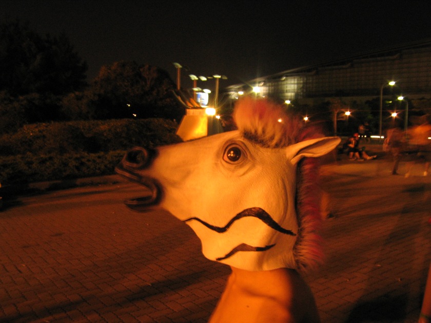 a horse head on the front of a car window