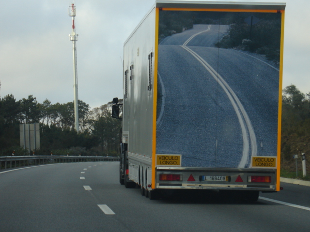 a large truck with a pograph of a ski slope is traveling down a road