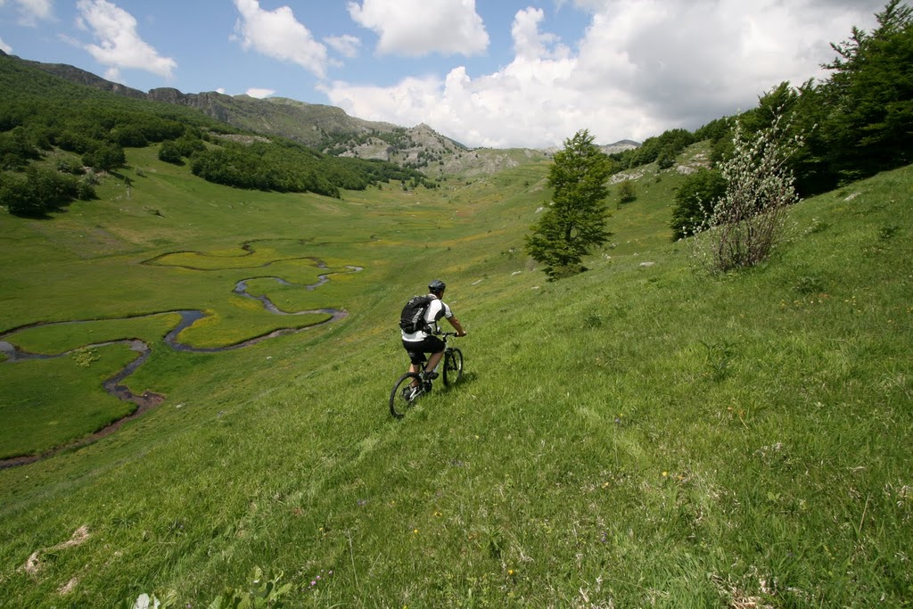 there is a person riding a bicycle in the mountains