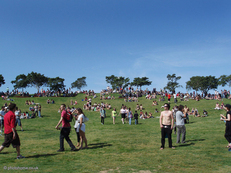 several people are standing in the grass with a lot of people on it