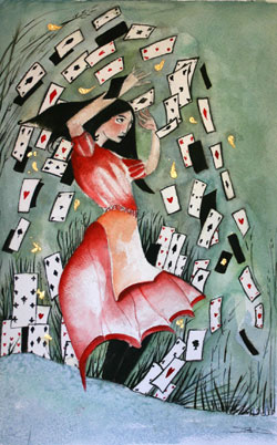 a painting of a woman falling off of cards