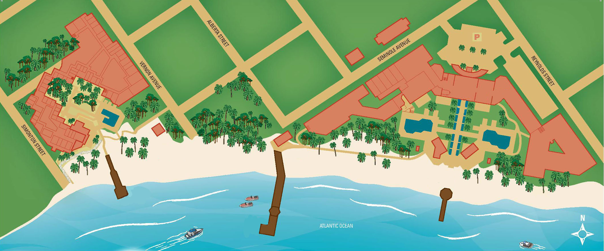 an illustration of the map for the beach area of the resort