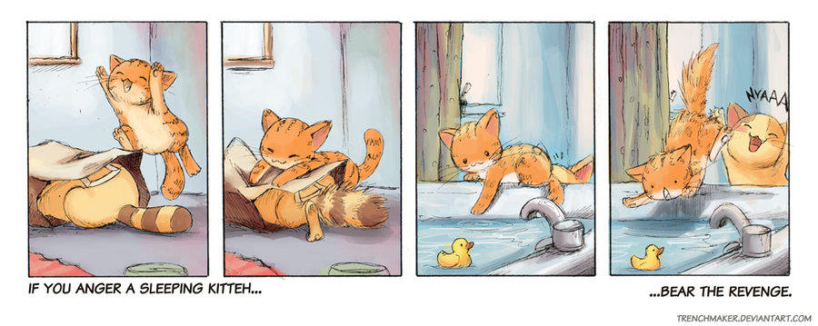 a comic strip showing cats sitting in the bathroom, and two other cats in the window