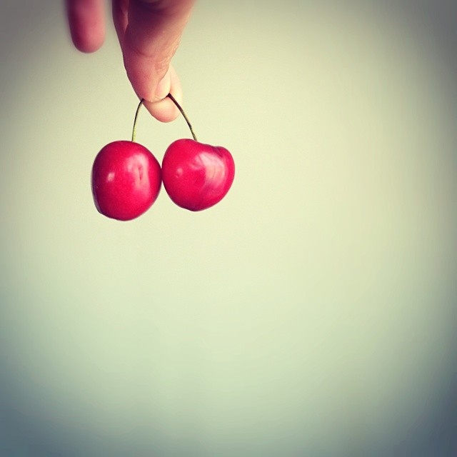hand holding small pair of red cherries against blue background
