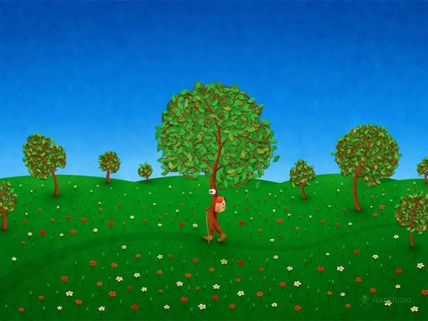 a painting of a man and a dog walking through a grassy field