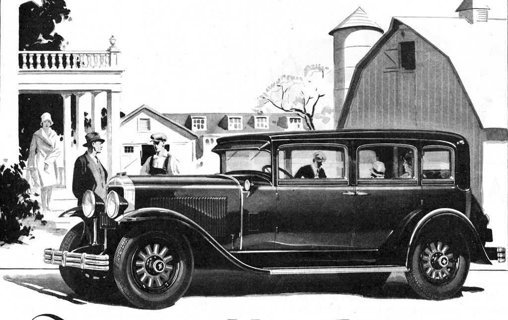 a drawing of a vintage car with a person standing by