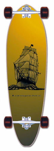 an old fashioned skateboard with a painted image of a sailboat
