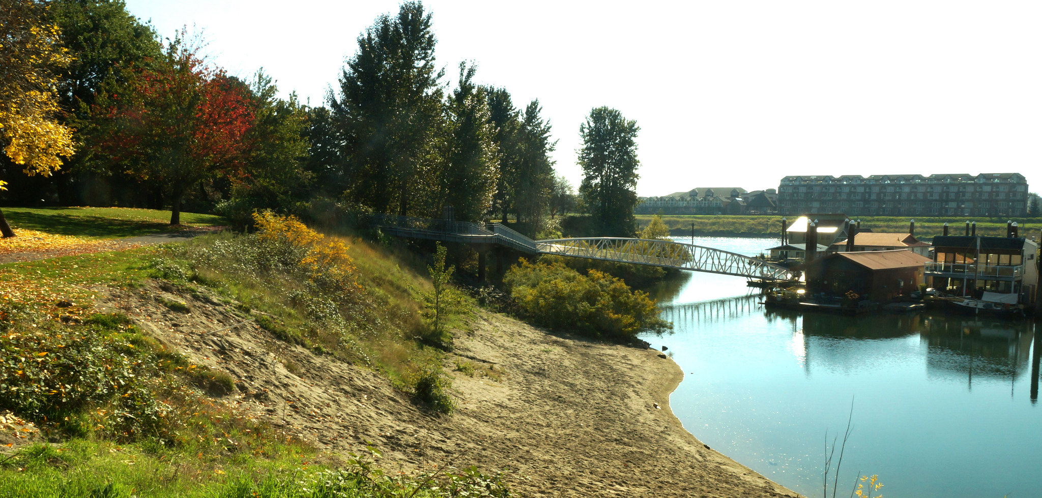 a lake near a city park that is surrounded by trees