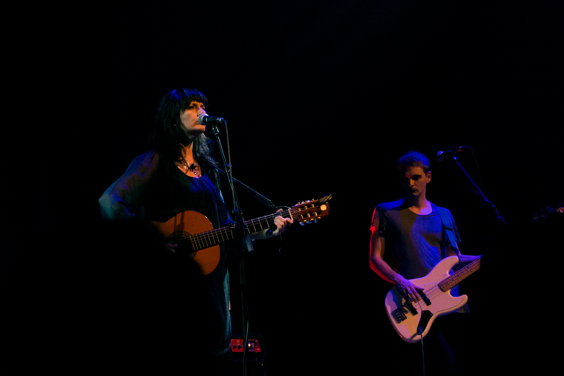 two people singing at a concert, one person playing guitar and the other is playing a guitar