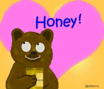 there is a funny bear with honey in his arms