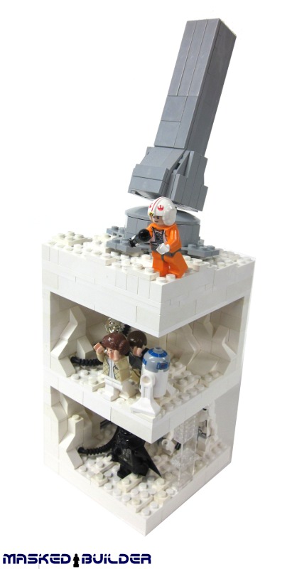 a lego shelf with an upside down man standing above it