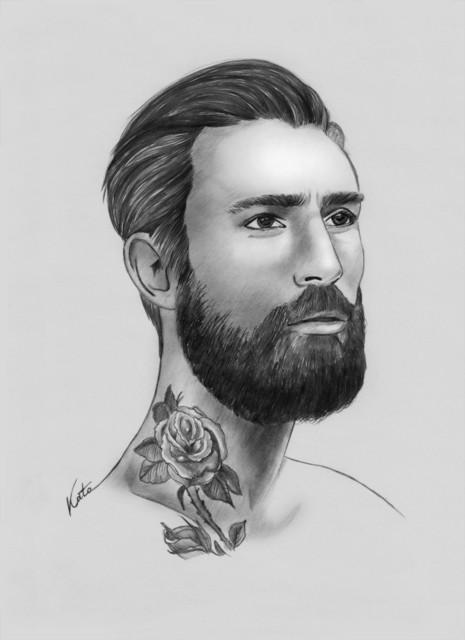 a drawing of a man with beard and tattoos