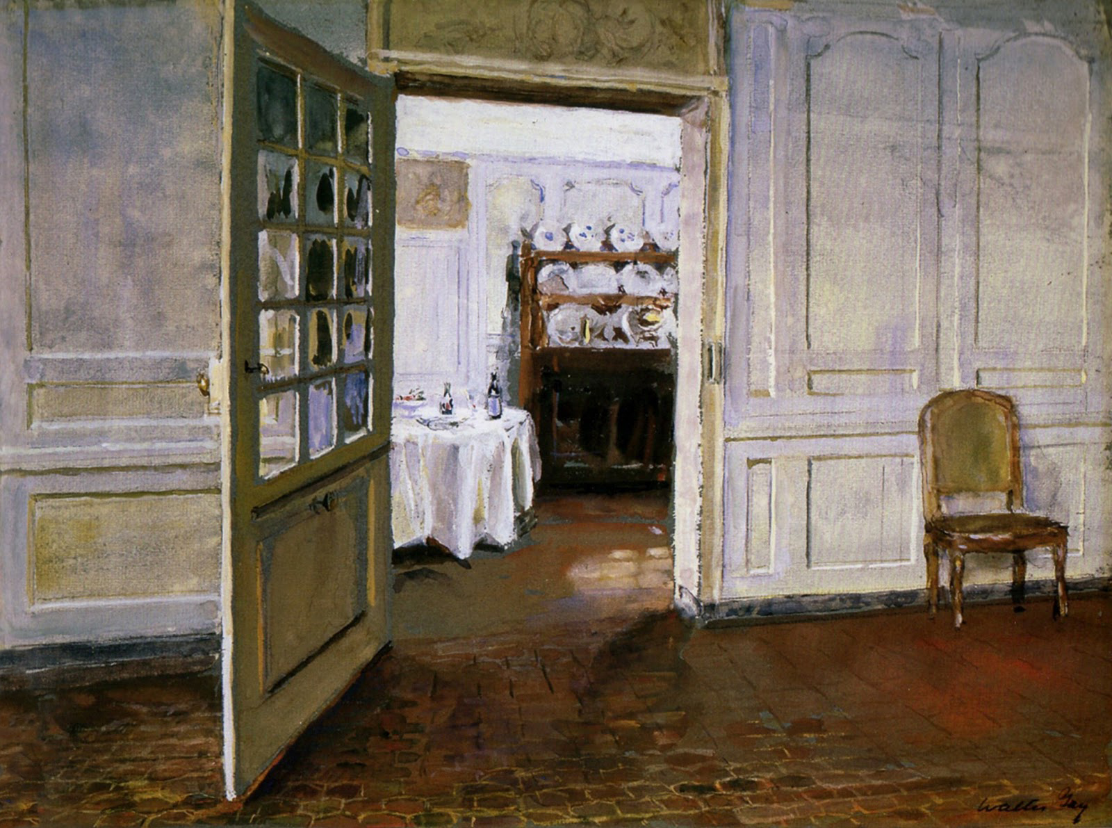 a painting showing a door leading to a dinning room
