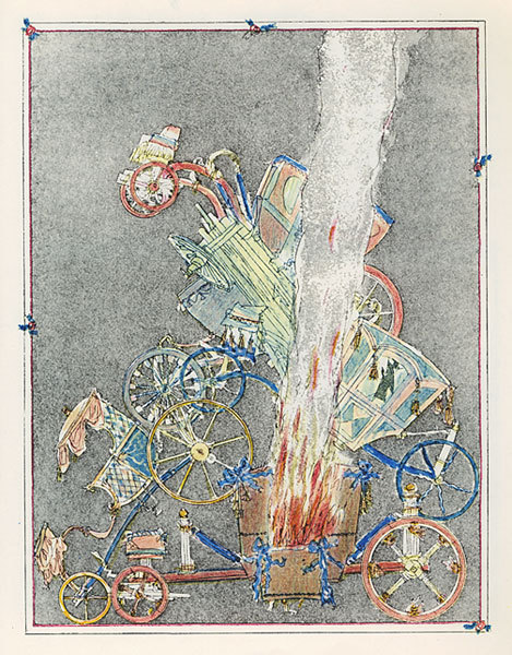 this is an old picture of a fire that has consumed bicycles