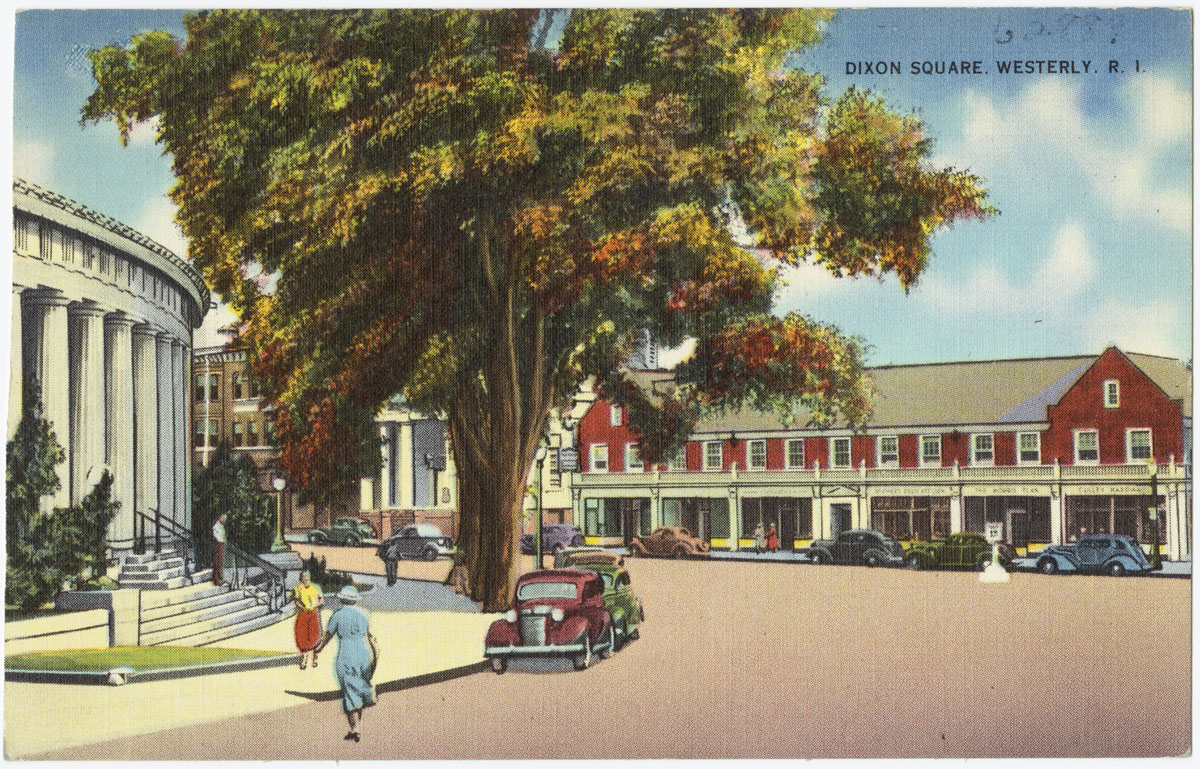 an old postcard shows people walking in front of the shops