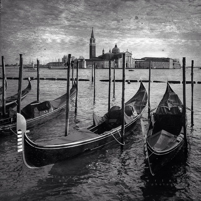 gondolas in a city harbor with a clock tower
