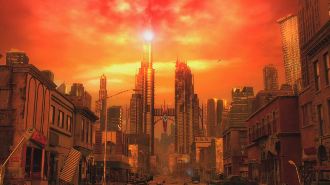this is an image of a red sky and the city