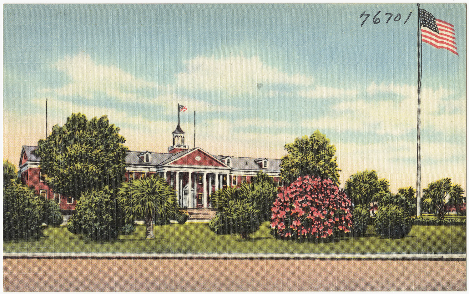 an old postcard shows a building and a flagpole