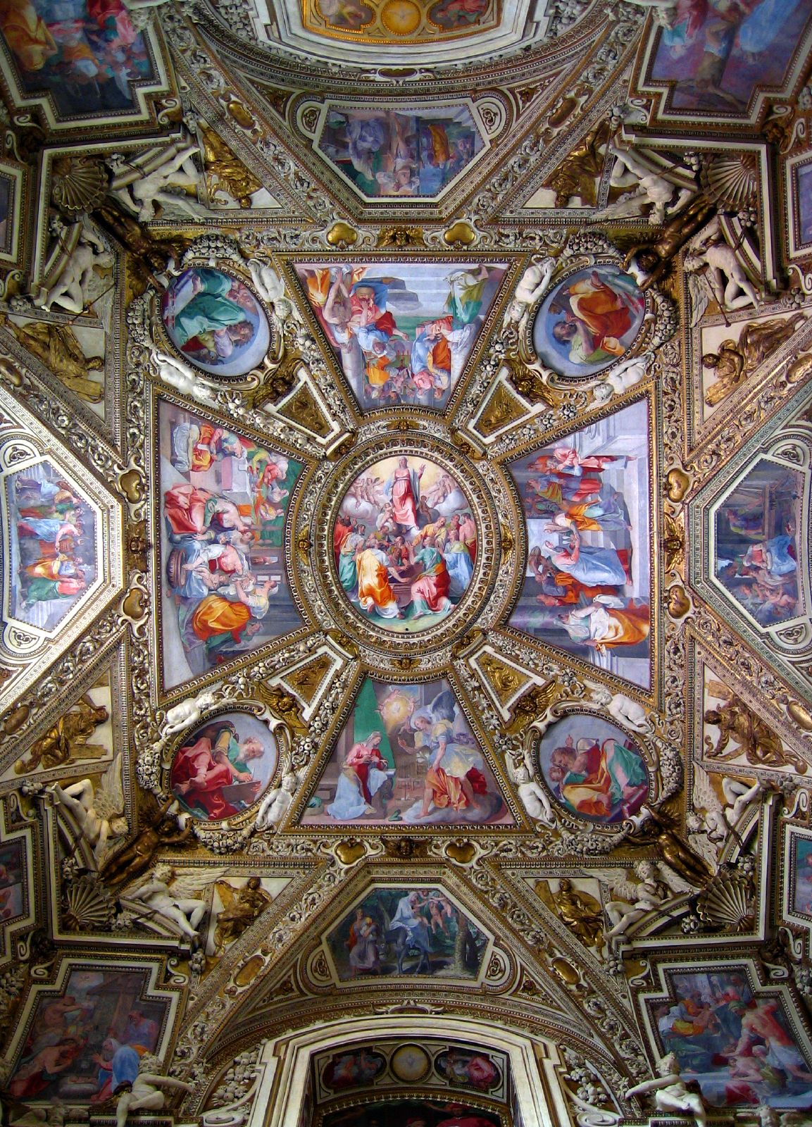 this ceiling is adorned with colorful paintings of art