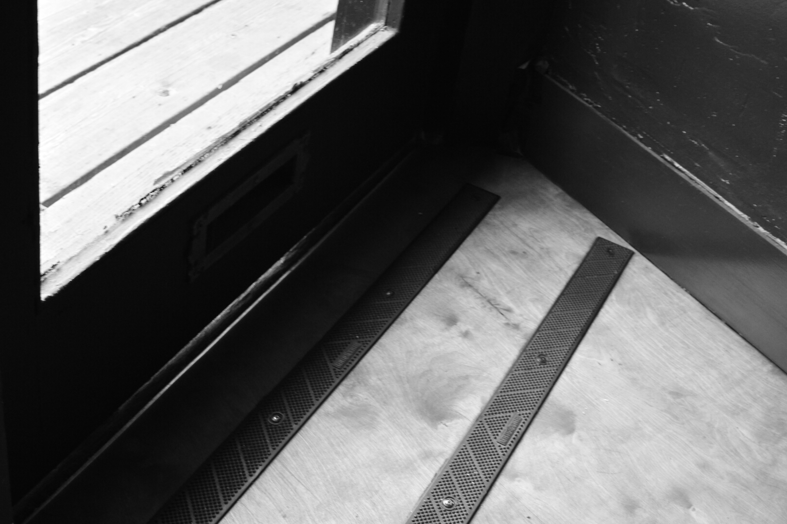 black and white pograph of metal grate in front of the door