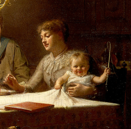 a painting of people around a table and a baby