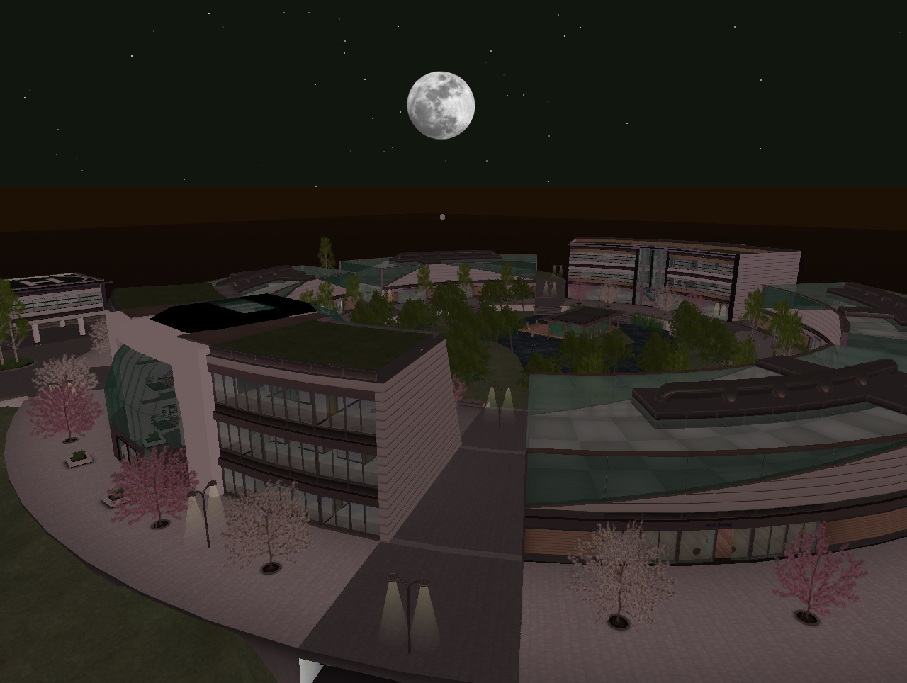 an animation view of a small town that looks like it is in the moonlight