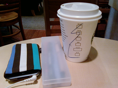 a cup of coffee, wallet and ipod on a table