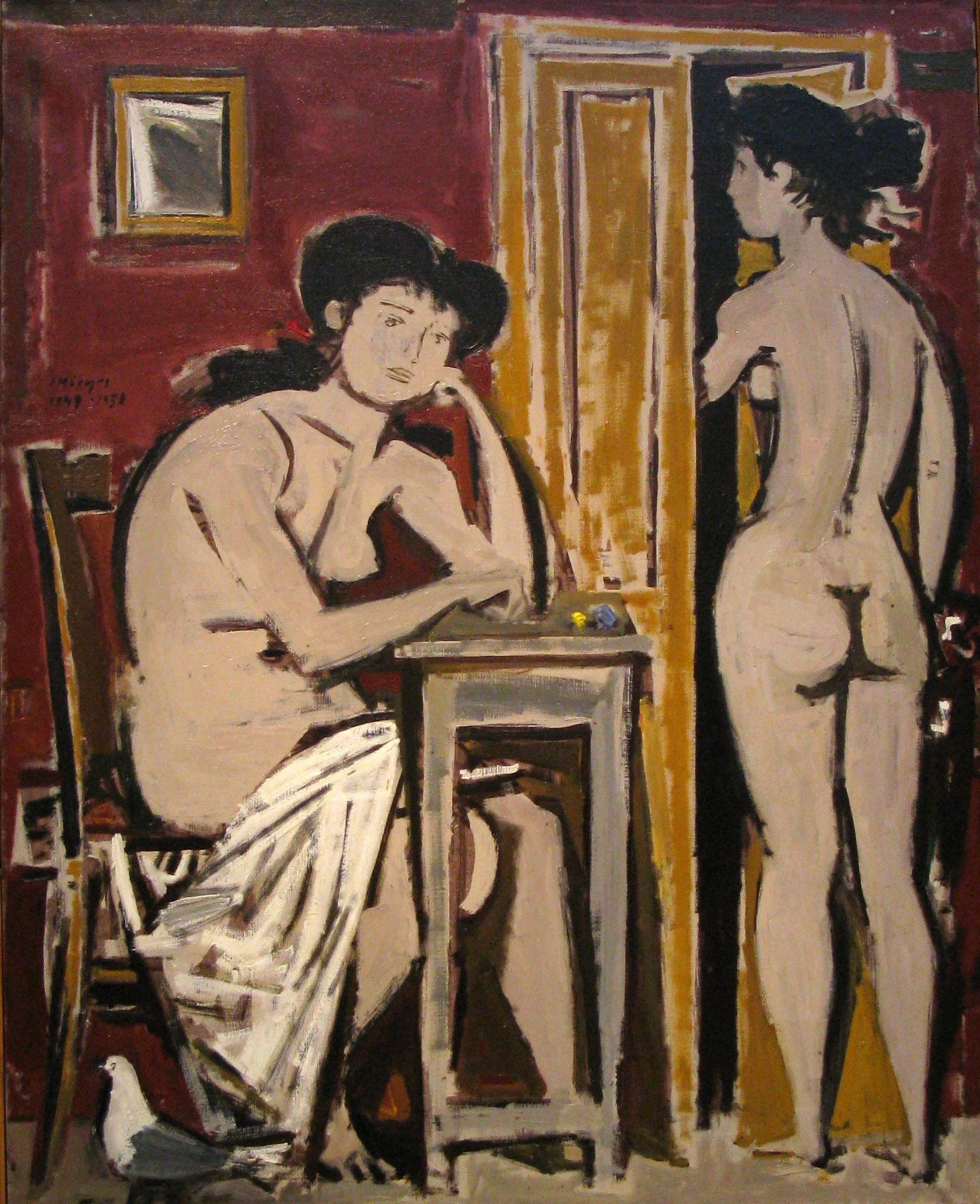 the painting shows two men sitting at a table and one on a chair