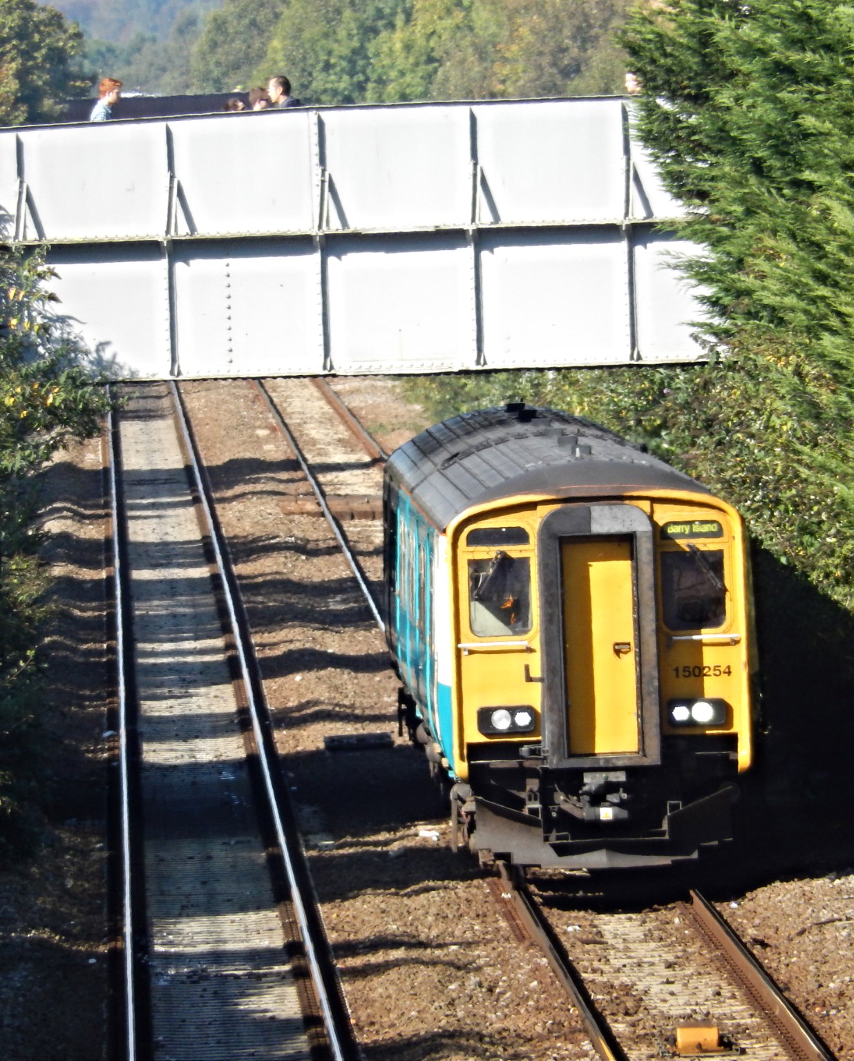 an orange and blue train traveling past tall trees