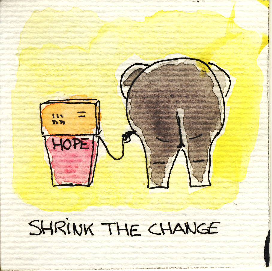 a drawing depicting a elephant with a sign saying,