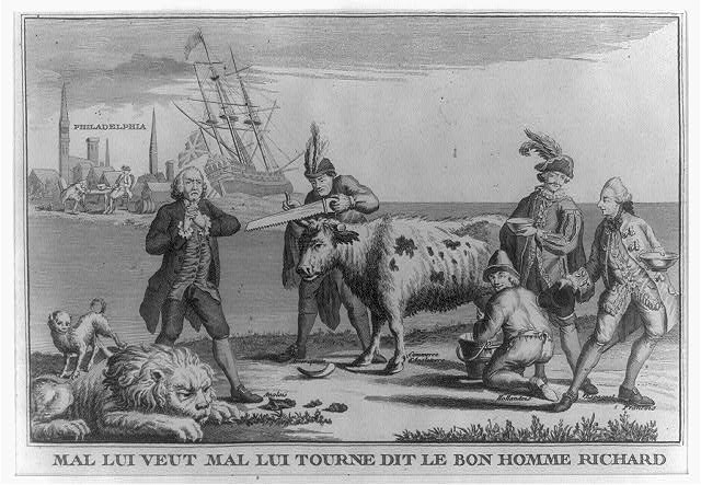 an old fashion engraving shows some people near a boat