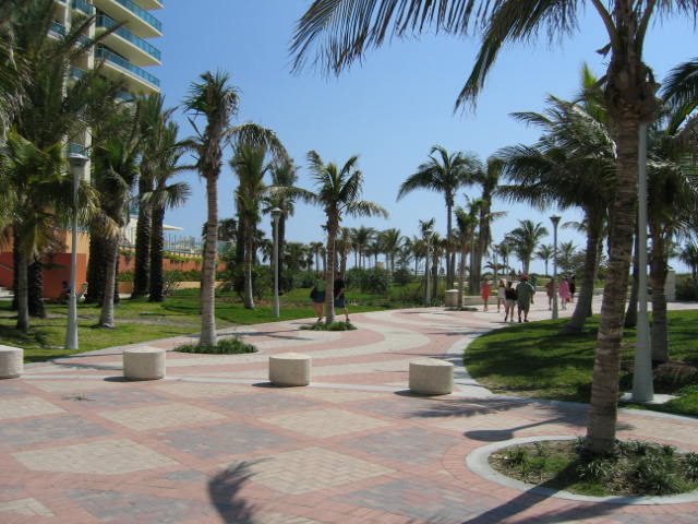 a group of people walking on the sidewalk next to palm trees