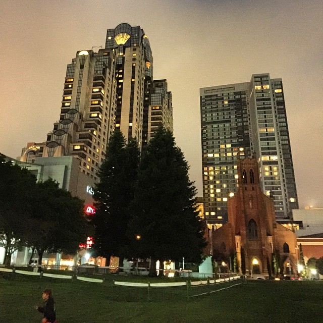 tall building near grass and trees with lights on