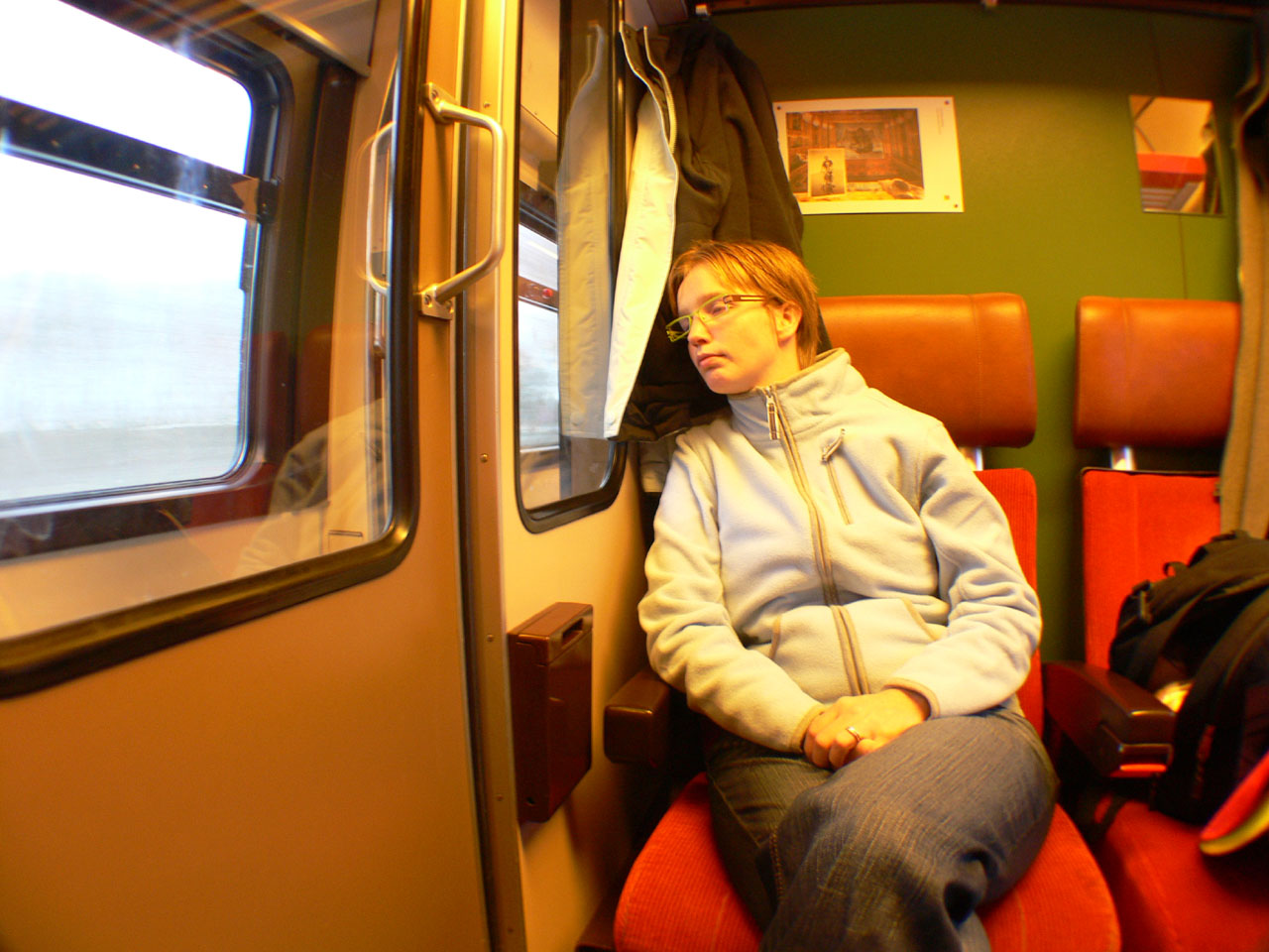 a woman with eye glasses sitting in a train car