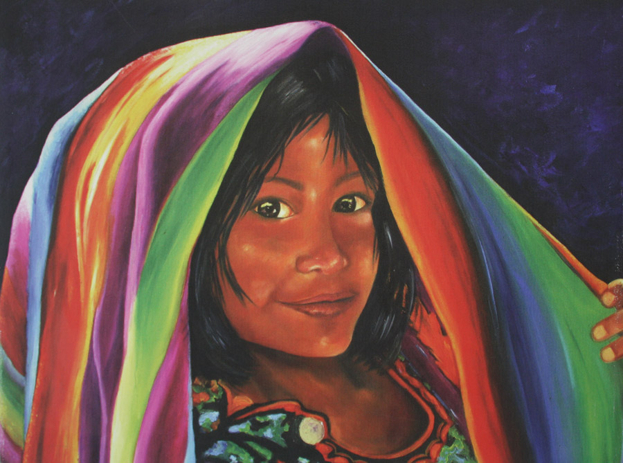 this is a drawing of a child with the colors of a rainbow dd over her