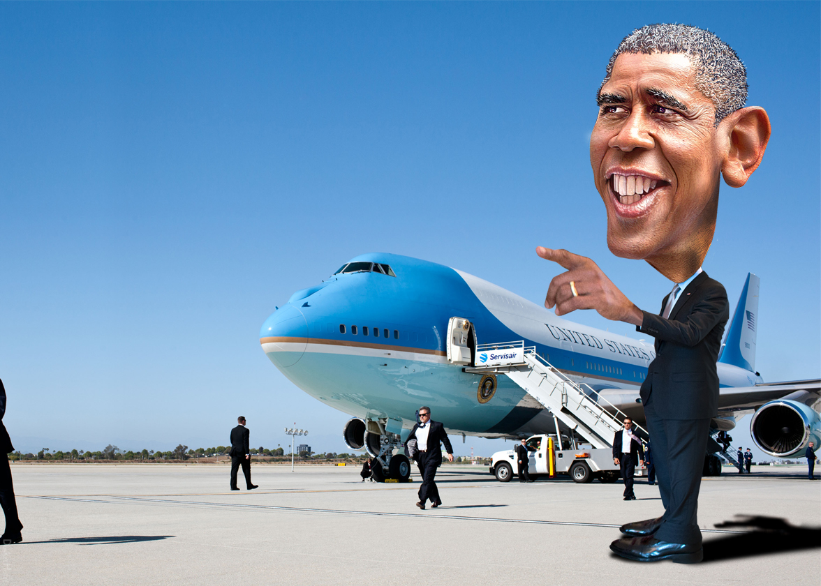 president obama's face is posed with airplane