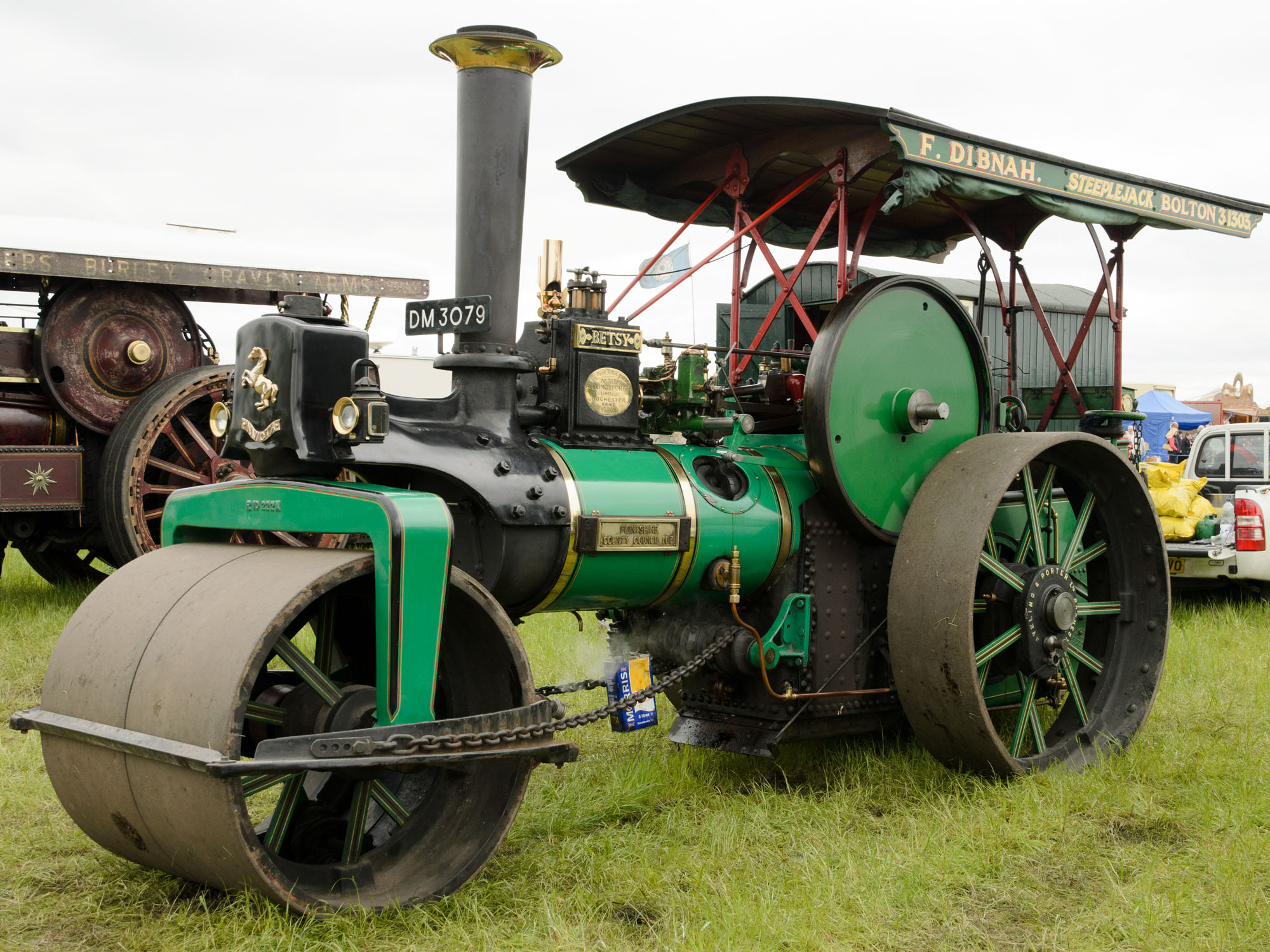 a steam locomotive sits parked in the grass