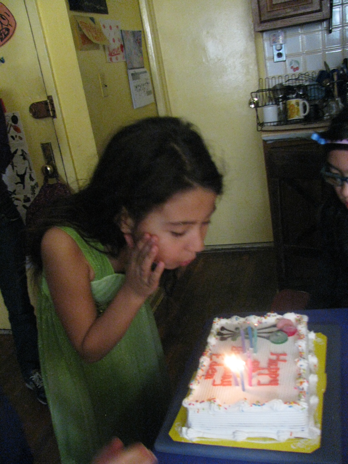 a girl blowing out candles on a birthday cake