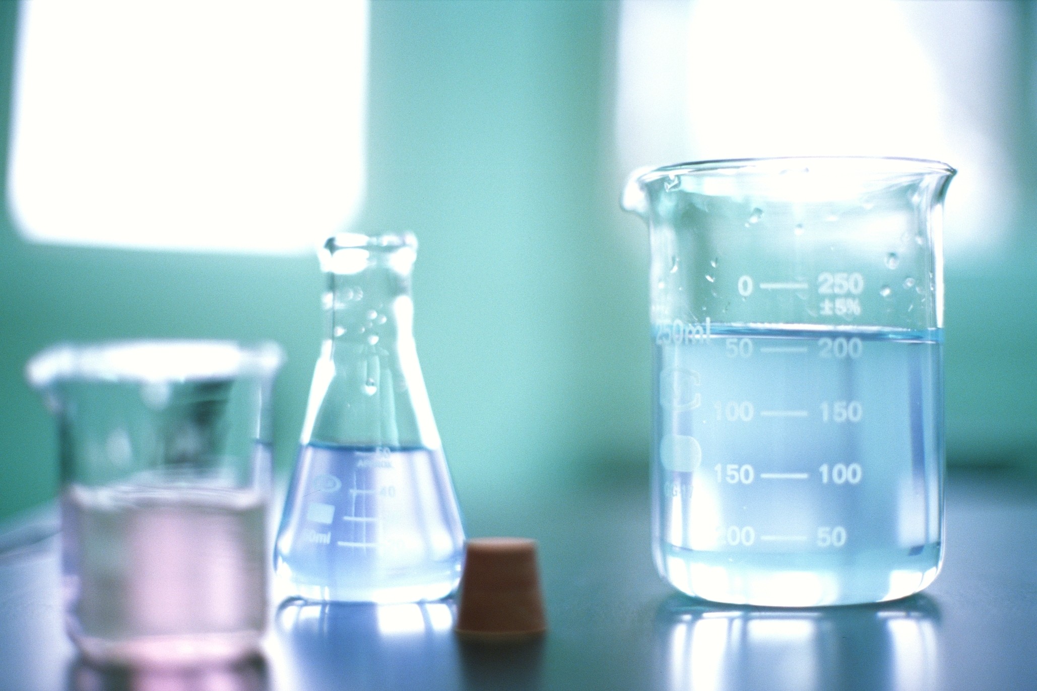 two beakers filled with liquid are on the table