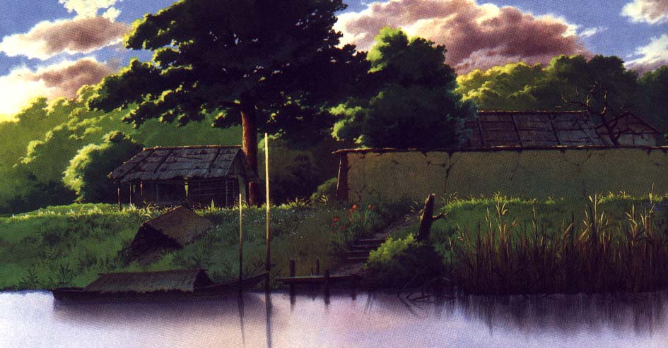 a painting of a river and cottage with clouds in the sky