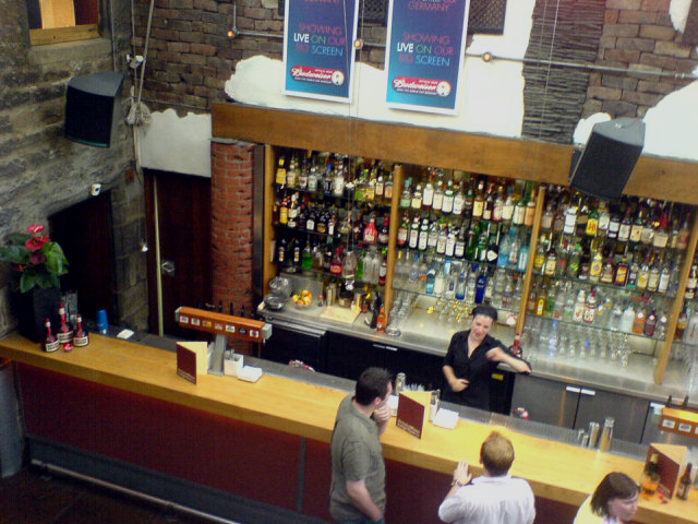 a bar with a woman bartender at it