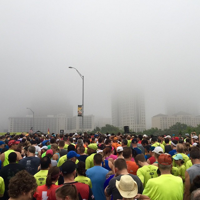 a crowd of people in bright vests and yellow hats