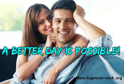 man and woman smiling while sitting on couch, texting'a better day is possible '