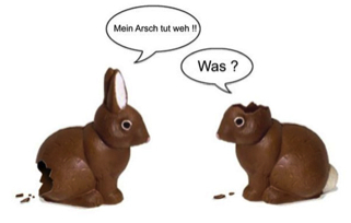 two plastic rabbits with different speech bubbles