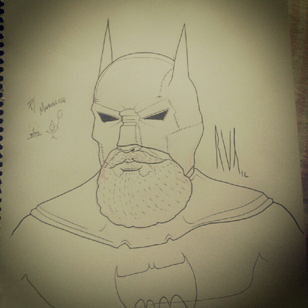 sketch of batman character with large beard and bat mask