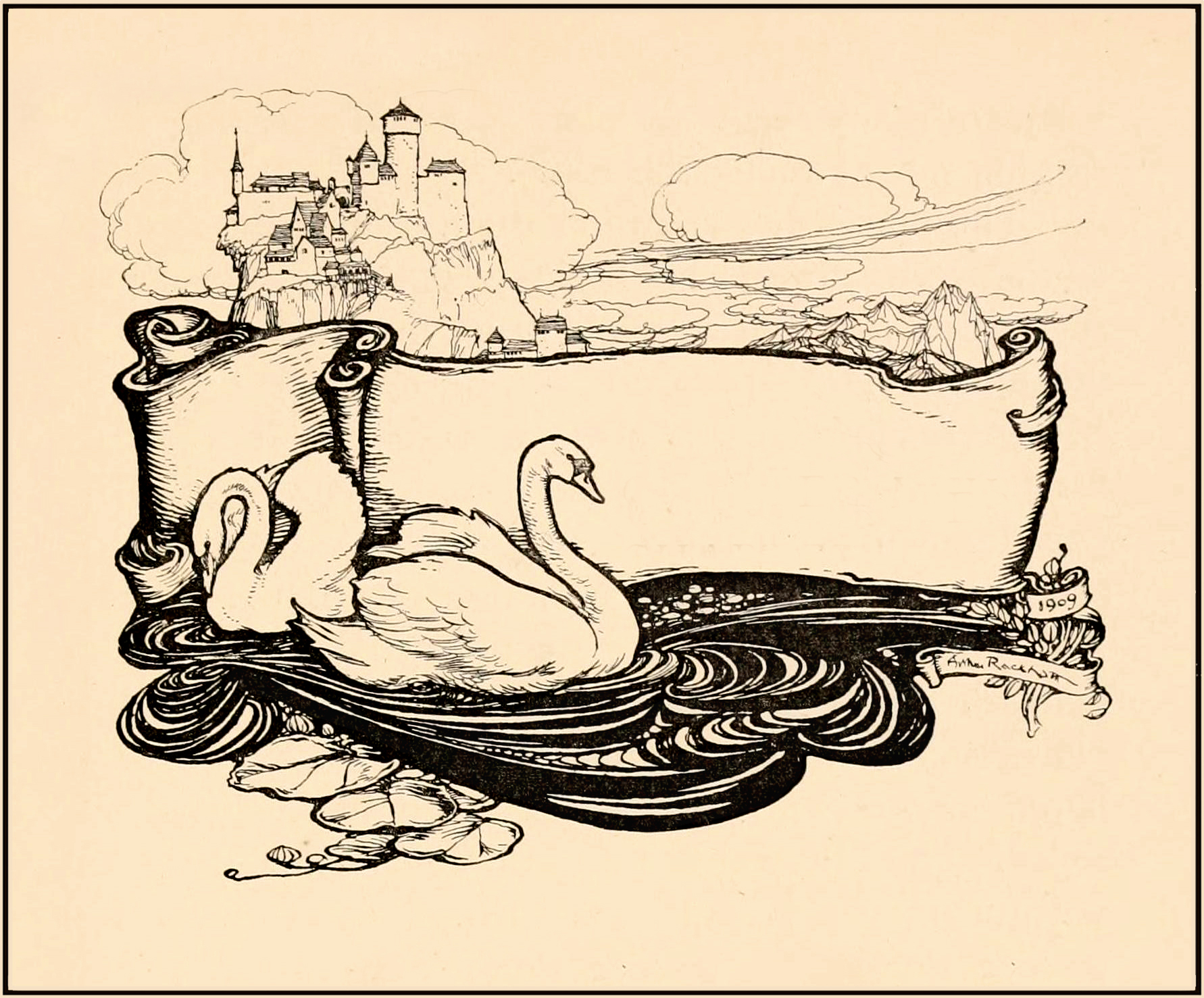 an ink drawing of a swan floating on the water