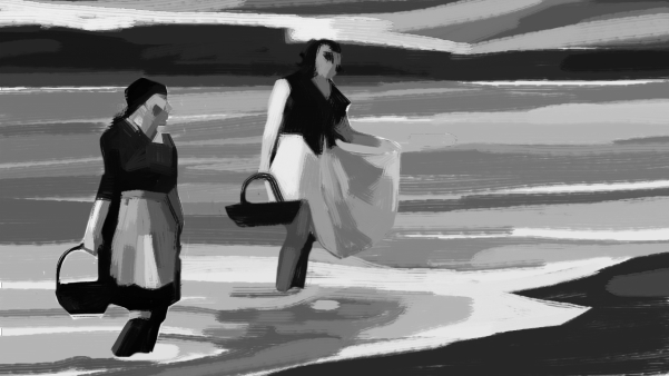 black and white drawing of two women carrying bags